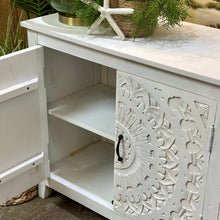 Load image into Gallery viewer, Whitewashed Carved 4DR Cabinet