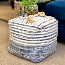 Load image into Gallery viewer, Blue & White Woven Pouf