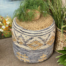Load image into Gallery viewer, Blue Motif Jute Pouf
