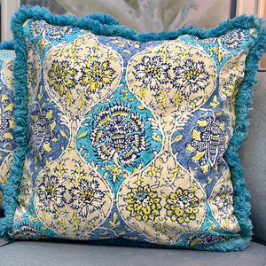 Turquoise Print W/Fringe Pillow
