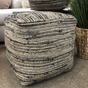 Denim & Natural Woven Pouf