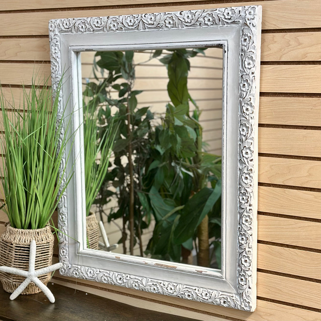 White Carved Flower Mirror