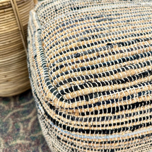 Denim & Natural Woven Pouf