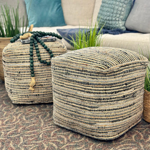 Denim & Natural Woven Pouf