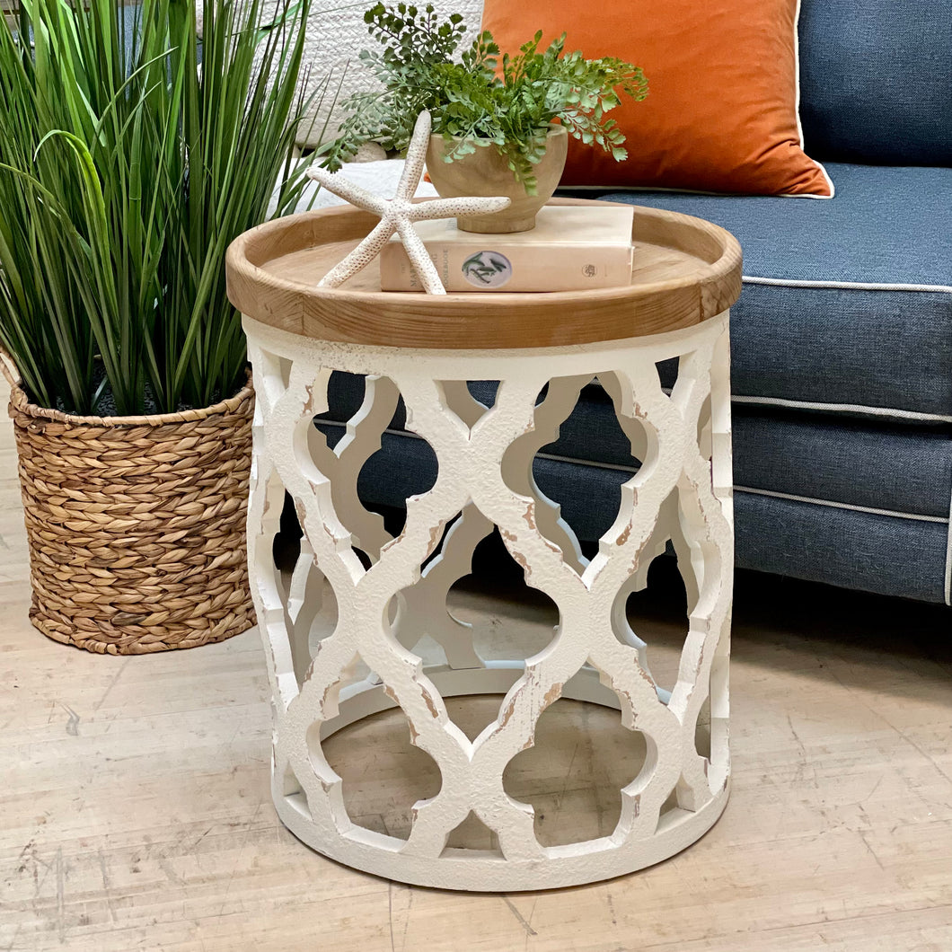 Wood & White Lattice Side Table