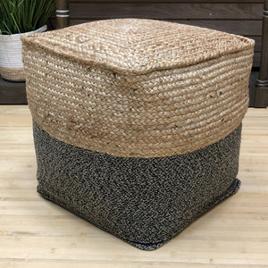 Square Jute & Grey Woven Pouf