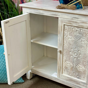Distressed Ivory Carved Cabinet