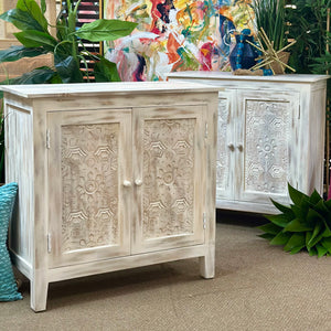 Distressed Ivory Carved Cabinet