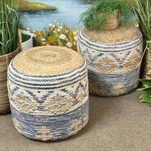 Load image into Gallery viewer, Blue Motif Jute Pouf
