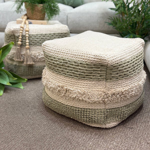 Green & Beige Fringe Pouf