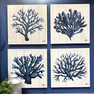 Set/4 Blue Coral Art on Wood