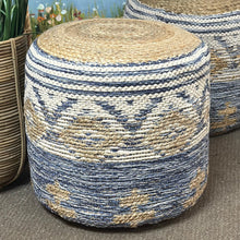 Load image into Gallery viewer, Blue Motif Jute Pouf
