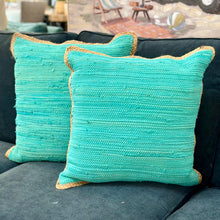 Load image into Gallery viewer, Jute Trim Turquoise Pillow
