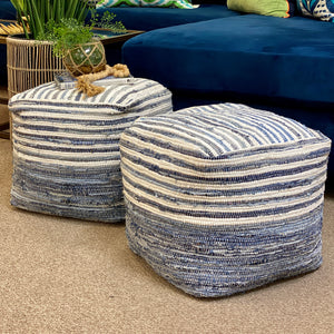 Blue & White Woven Pouf