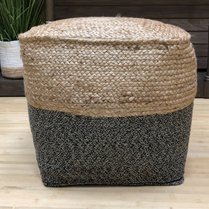 Square Jute & Grey Woven Pouf