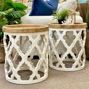 Wood & White Lattice Side Table