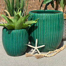 Load image into Gallery viewer, MED Green Striped Clay Pot
