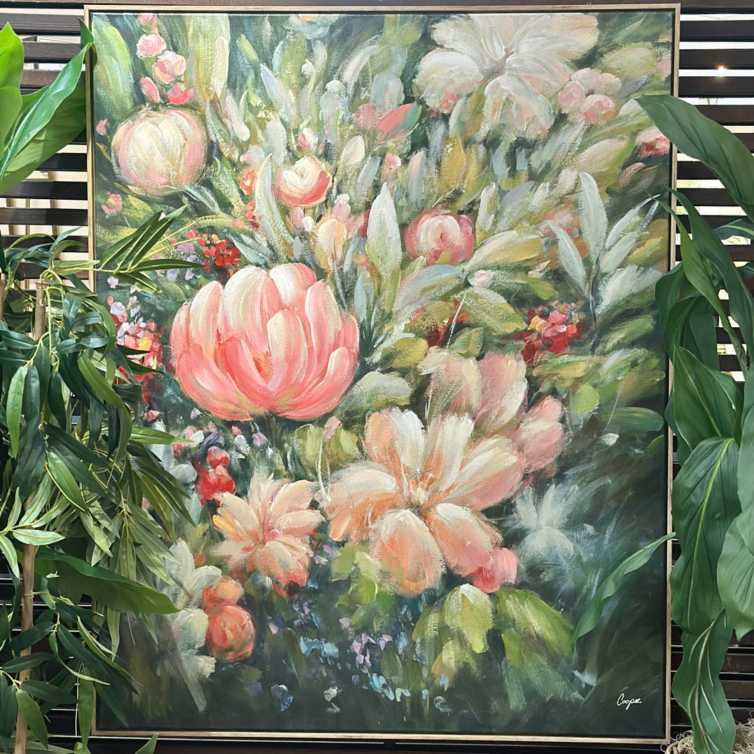 Green/Pink Hand Embellished Floral Art