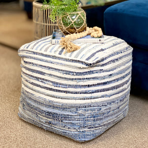 Blue & White Woven Pouf