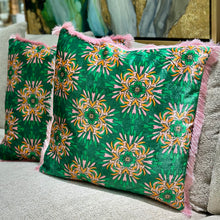 Load image into Gallery viewer, Boho Green/Pink Fringe Pillow
