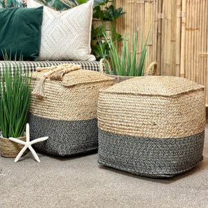 Square Jute & Grey Woven Pouf