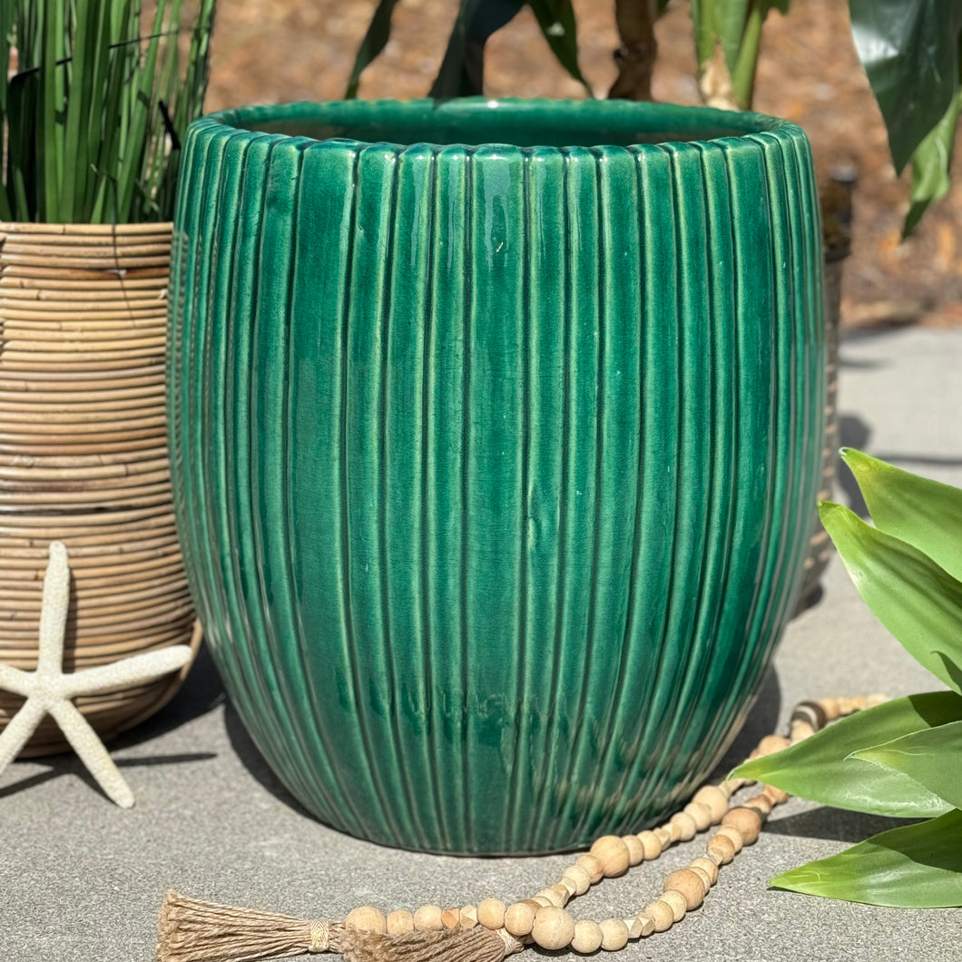 XL Green Striped Clay Pot