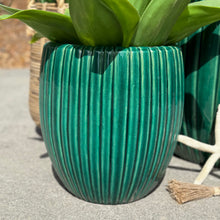 Load image into Gallery viewer, MED Green Striped Clay Pot
