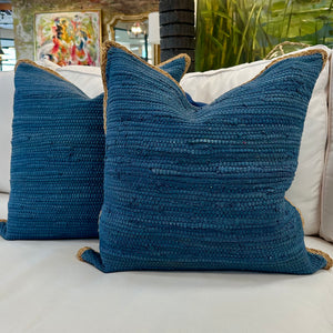 Jute Trim Blue Down Pillow