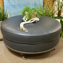 Load image into Gallery viewer, Bassett Navy Leather Ottoman
