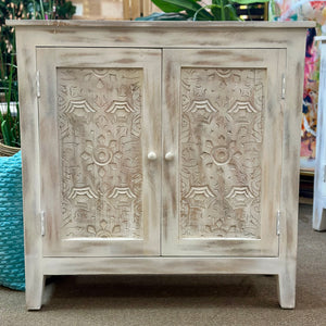 Distressed Ivory Carved Cabinet
