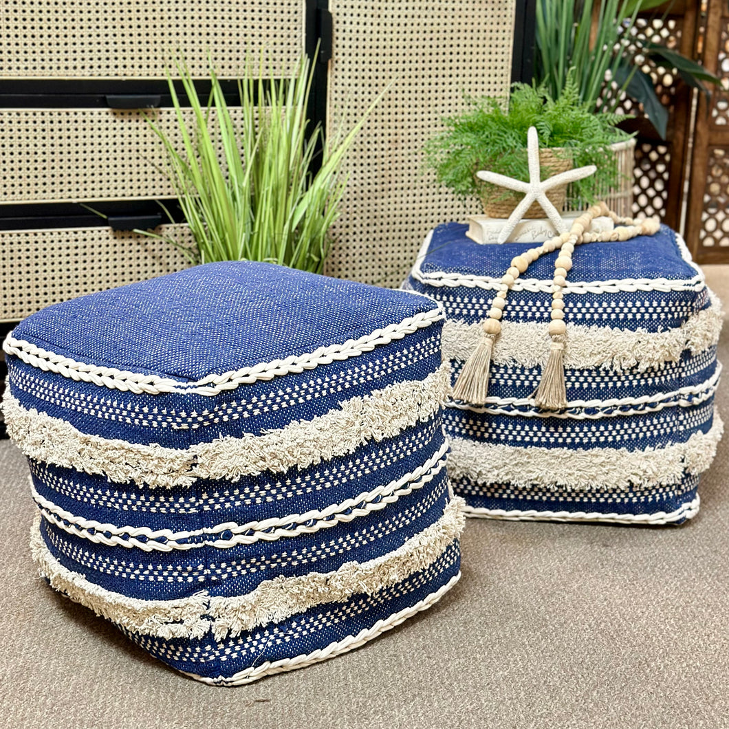 Royal Blue & Beige Rope Pouf