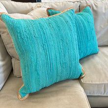 Load image into Gallery viewer, Jute Trim Turquoise Down Pillow
