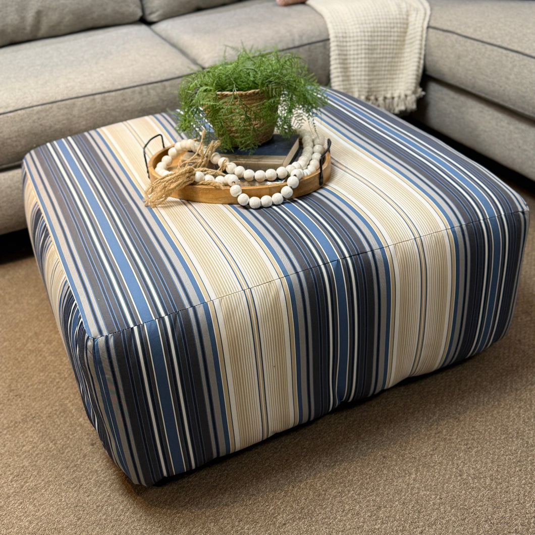 Blue/Taupe Striped Sq. Ottoman