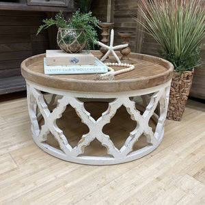 Round Wood & White Lattice Coffee Table