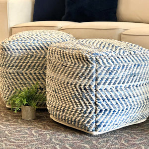 Denim & Ivory Chevron Pouf