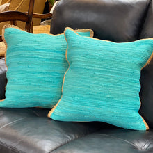 Load image into Gallery viewer, Jute Trim Turquoise Pillow
