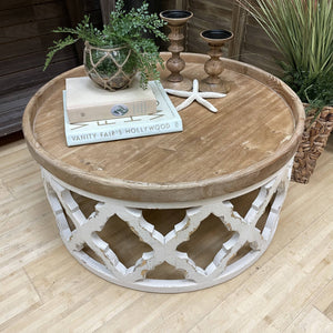 Round Wood & White Lattice Coffee Table