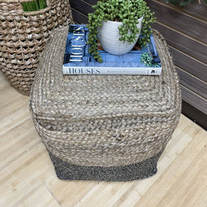 Square Jute & Grey Woven Pouf