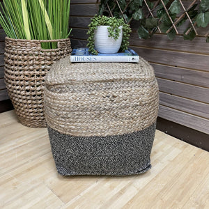 Square Jute & Grey Woven Pouf