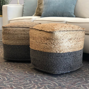 Square Jute & Grey Woven Pouf