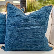 Load image into Gallery viewer, Jute Trim Blue Down Pillow
