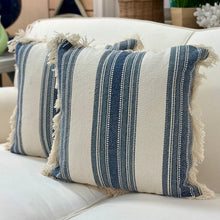 Load image into Gallery viewer, Blue/Ivory Fringe Pillow
