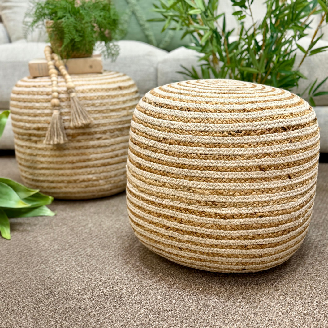 Natural/White Braided Jute Pouf