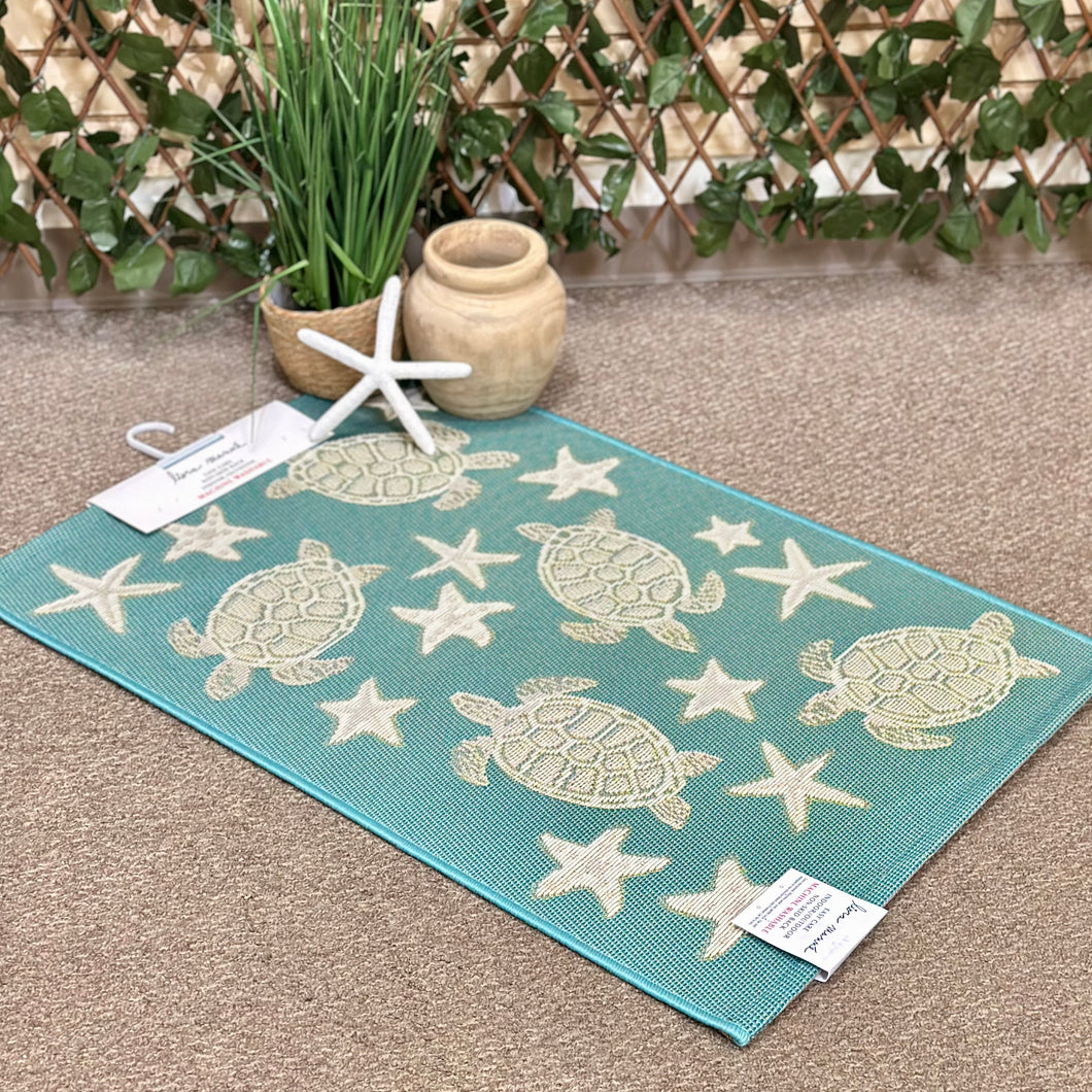 Aqua/Tan Sea Turtle Washable Rug