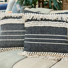 Load image into Gallery viewer, Blue/Beige Fringe Pillow
