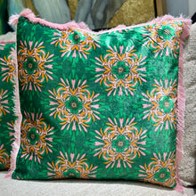 Load image into Gallery viewer, Boho Green/Pink Fringe Pillow
