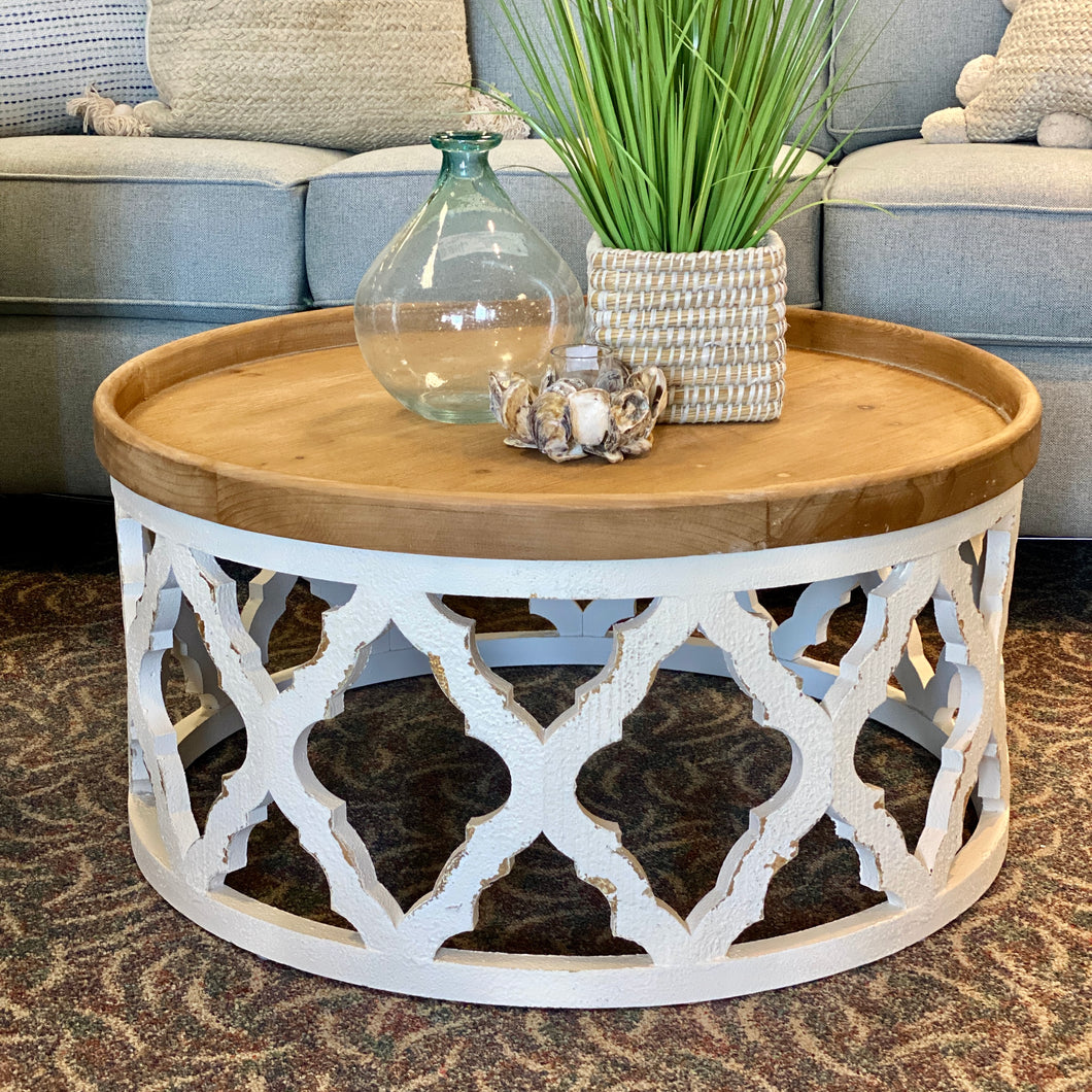 Round Wood & White Lattice Coffee Table