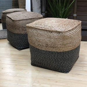 Square Jute & Grey Woven Pouf