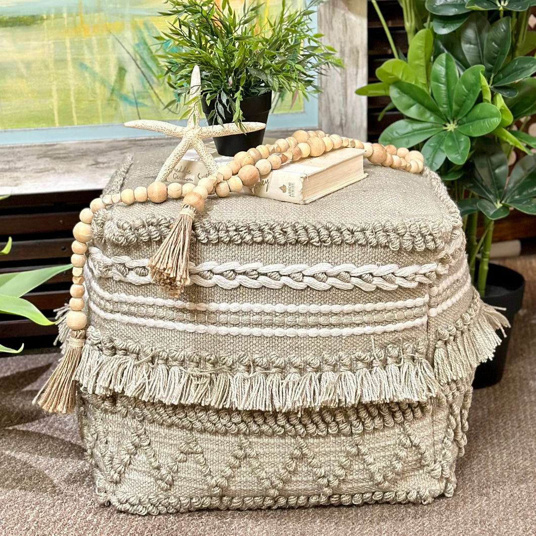 Light Taupe Fringe Pouf