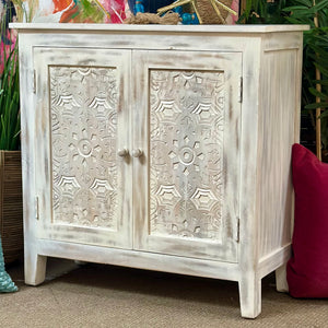 Distressed Ivory Carved Cabinet
